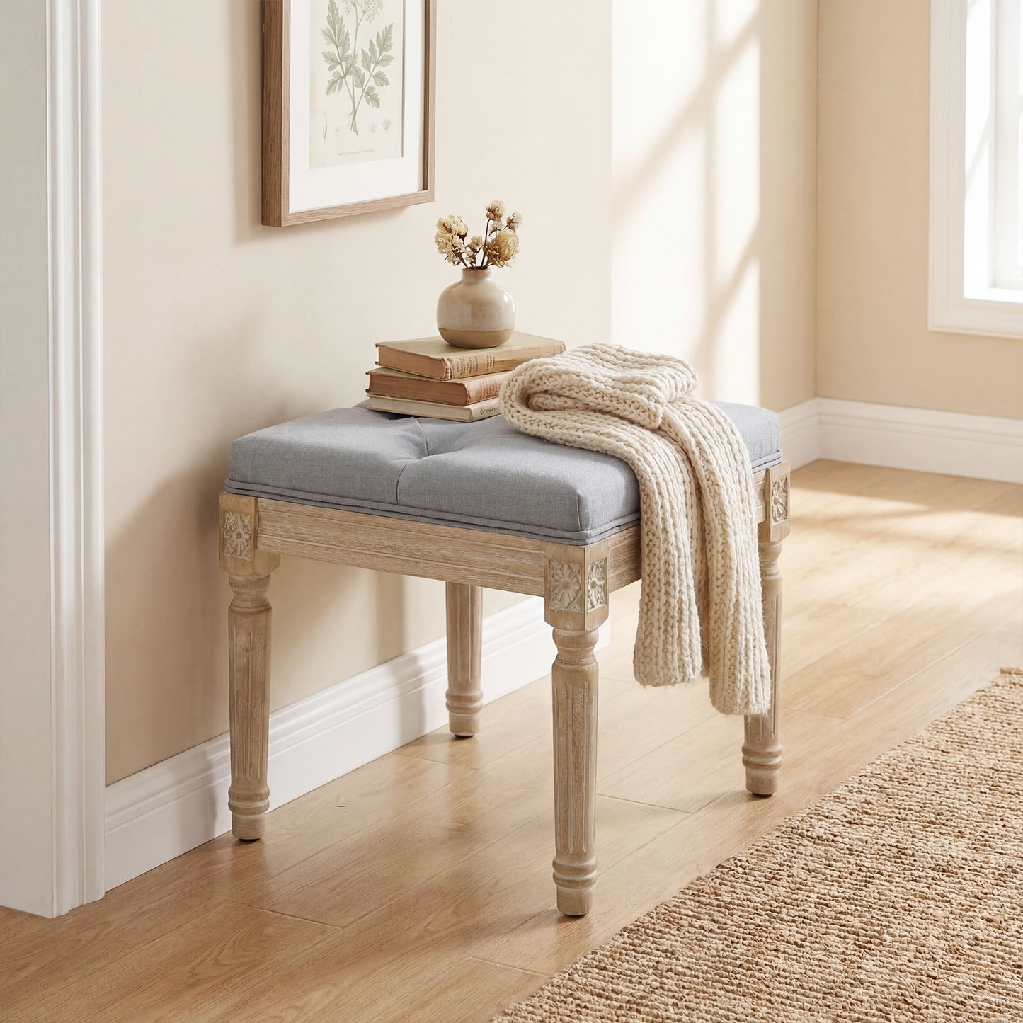 HOMCOM Vintage Foot Stool With Tufted Square Seat And Wood Legs In Light Grey Soft Cushioned Comfort