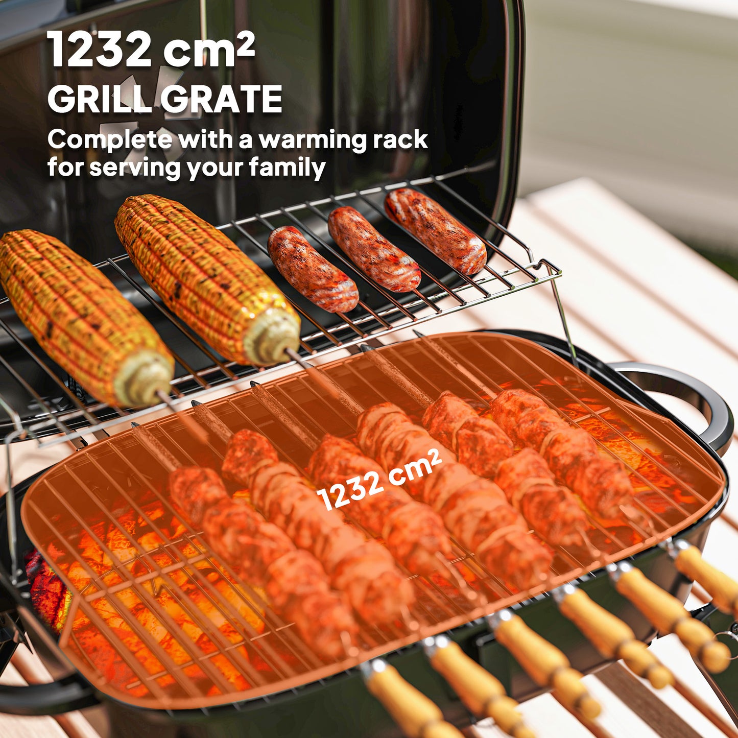 Outsunny Charcoal Folding Grill With 1232 Cm2 Cooking Area Adjustable Vent Thermometer Handles For Camping Picnic Black