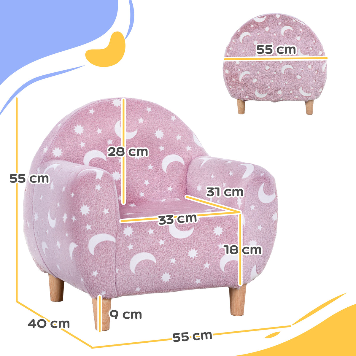 Pink kids armchair with star and moon print with size outline measurements on chair