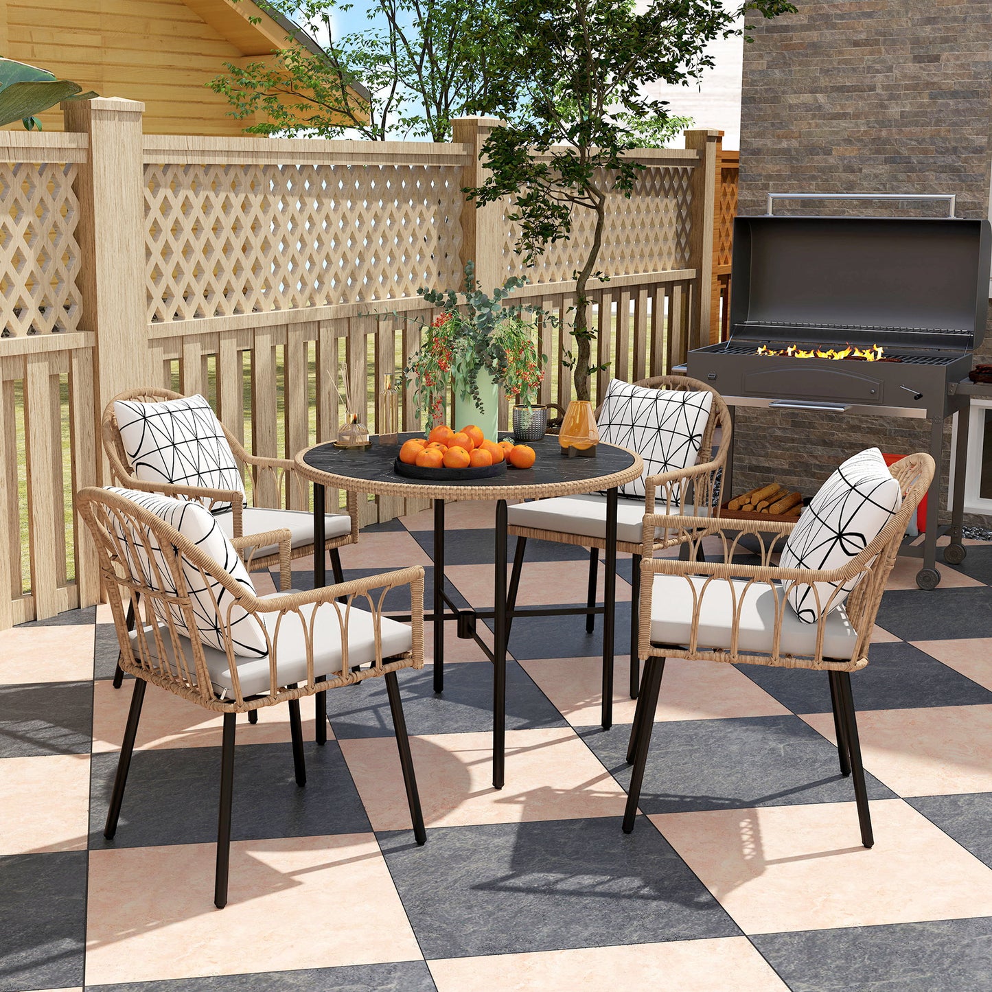 Outsunny 5 Piece Patio Rattan Dining Set With Removable Cushions Round Tempered Glass Tabletop Parasol Hole Light Brown