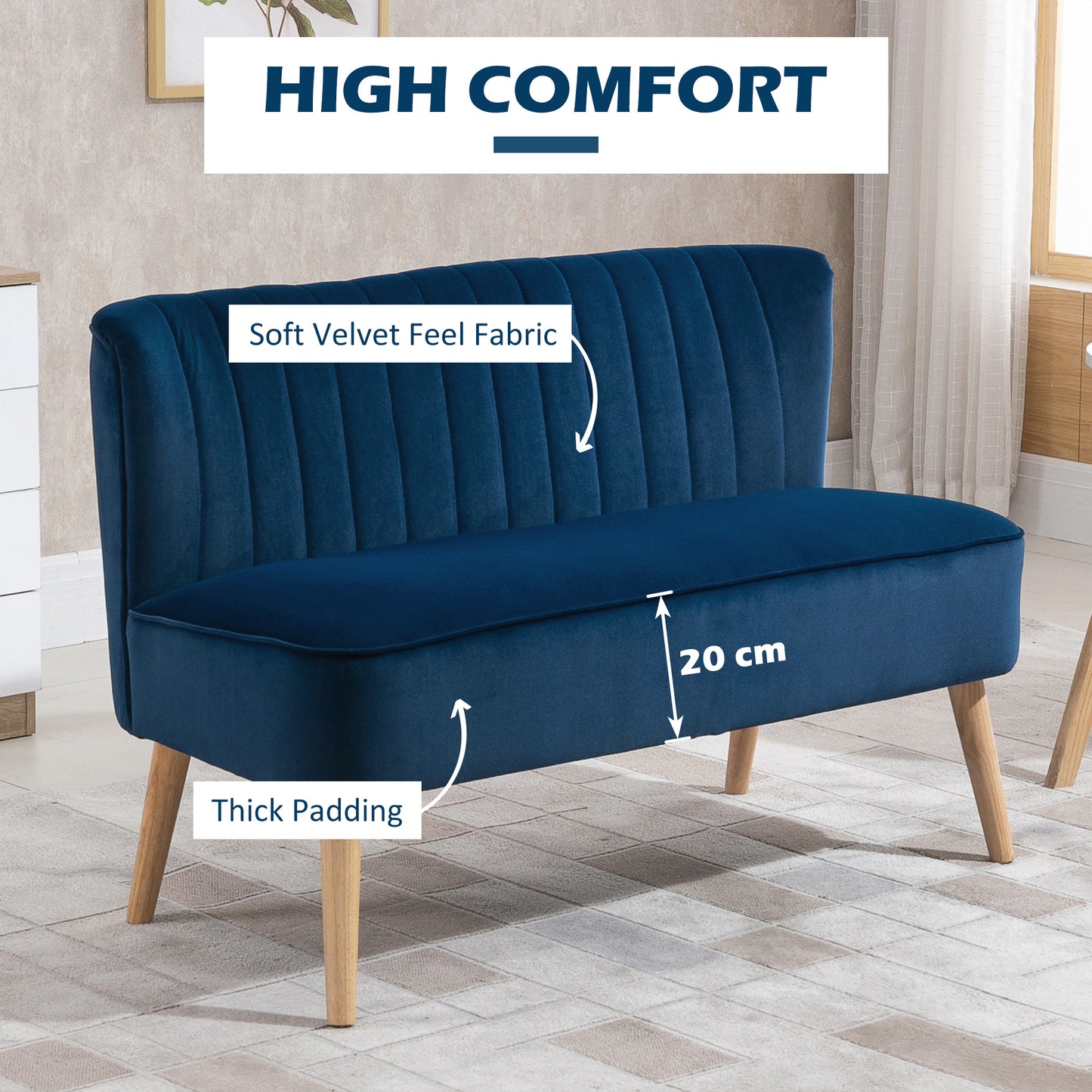 HOMCOM Modern Two Seater Sofa Foam Padding High Back Velvet Upholstery For Home Office Dark Blue