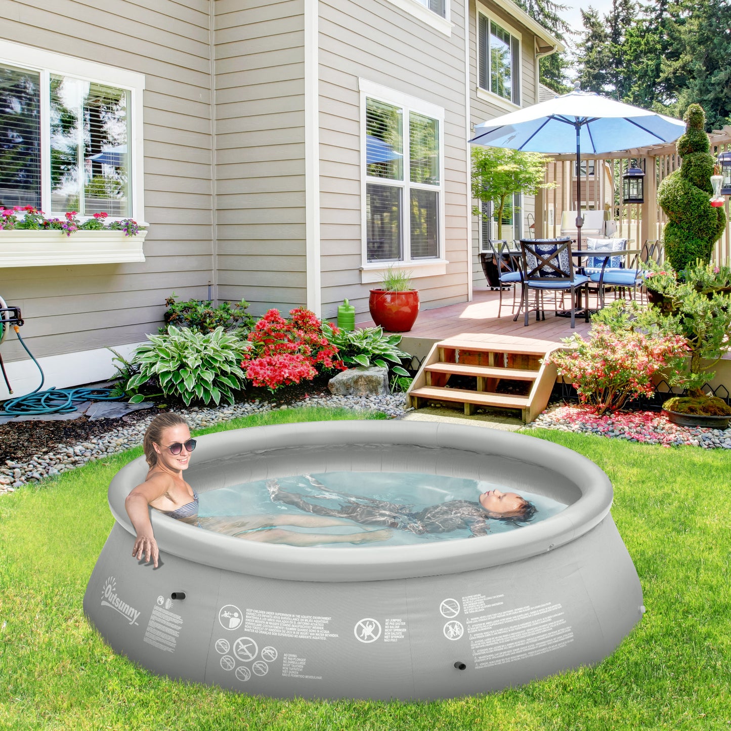 Outsunny Family-Sized Inflatable Paddling Pool with Hand Pump – Portable Round Pool for Kids and Adults, 274cm x 76cm, Grey - ALL4U RETAILER LTD