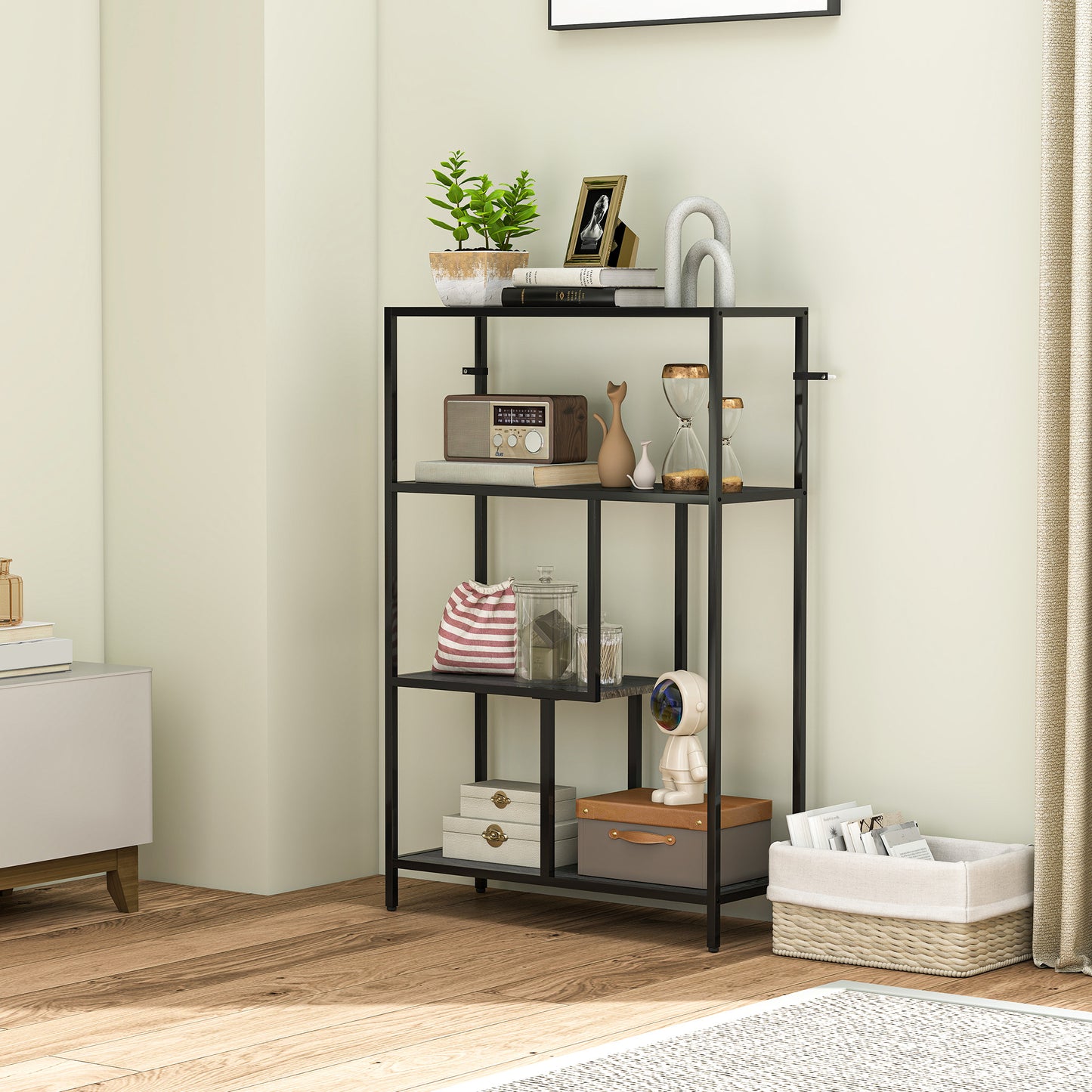 HOMCOM 4 Tier Bookshelf With Open Shelves In Charcoal Grey Industrial Style Rustic Wood Finish