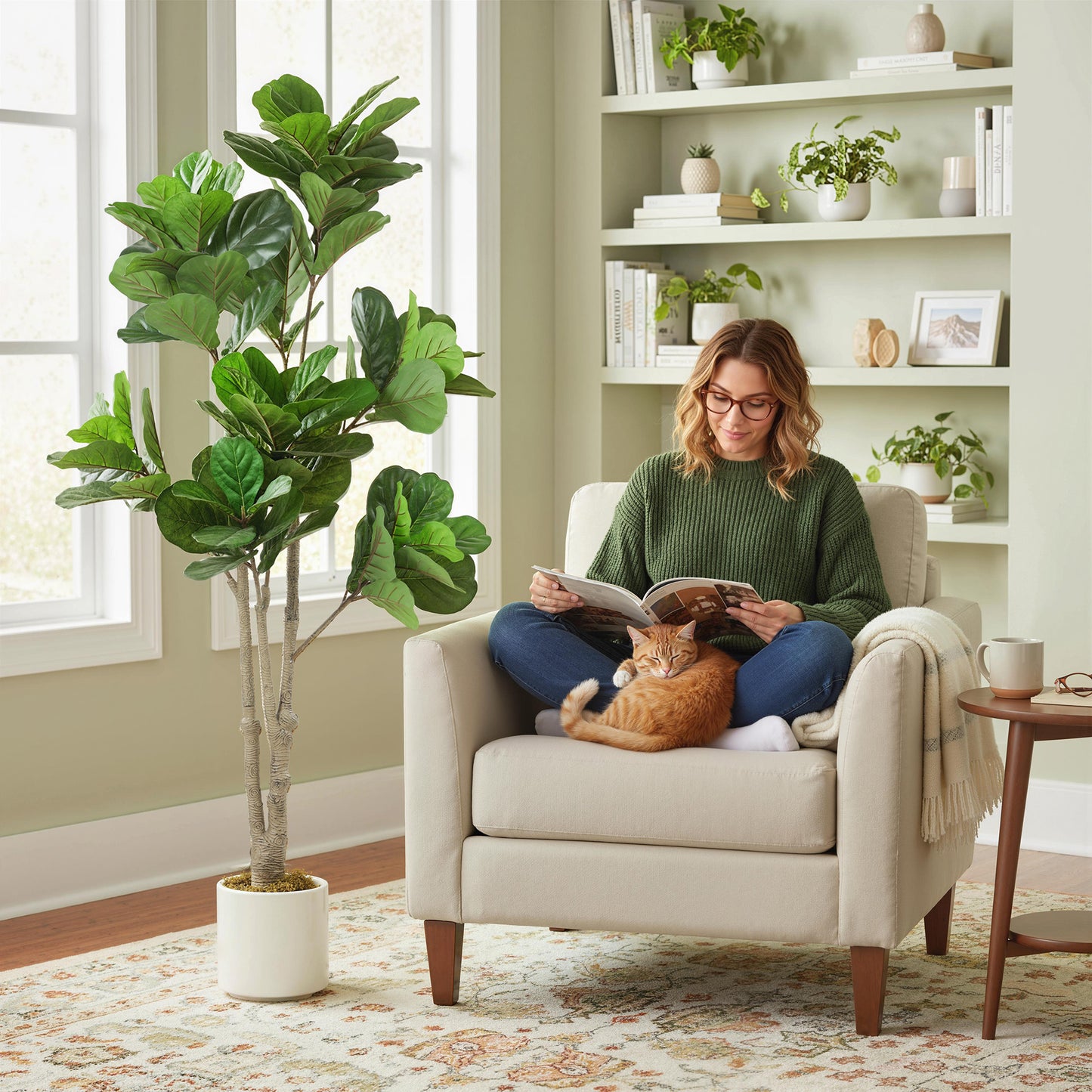 HOMCOM 180cm Artificial Fiddle Leaf Fig Tree White Cement Planter Realistic Leaves Textured Trunk