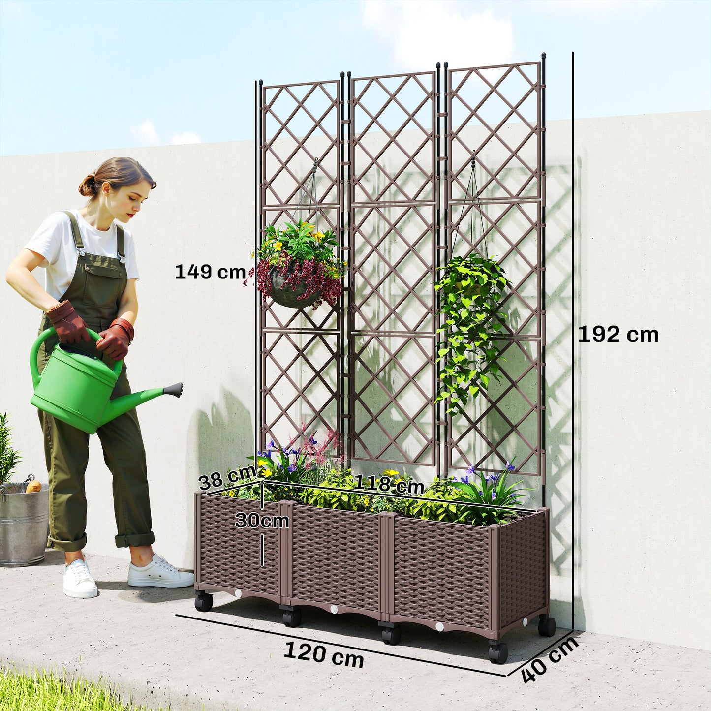 Outsunny Plastic Raised Planter With Trellis And Self Watering System On Wheels With Drainage Holes And Plugs