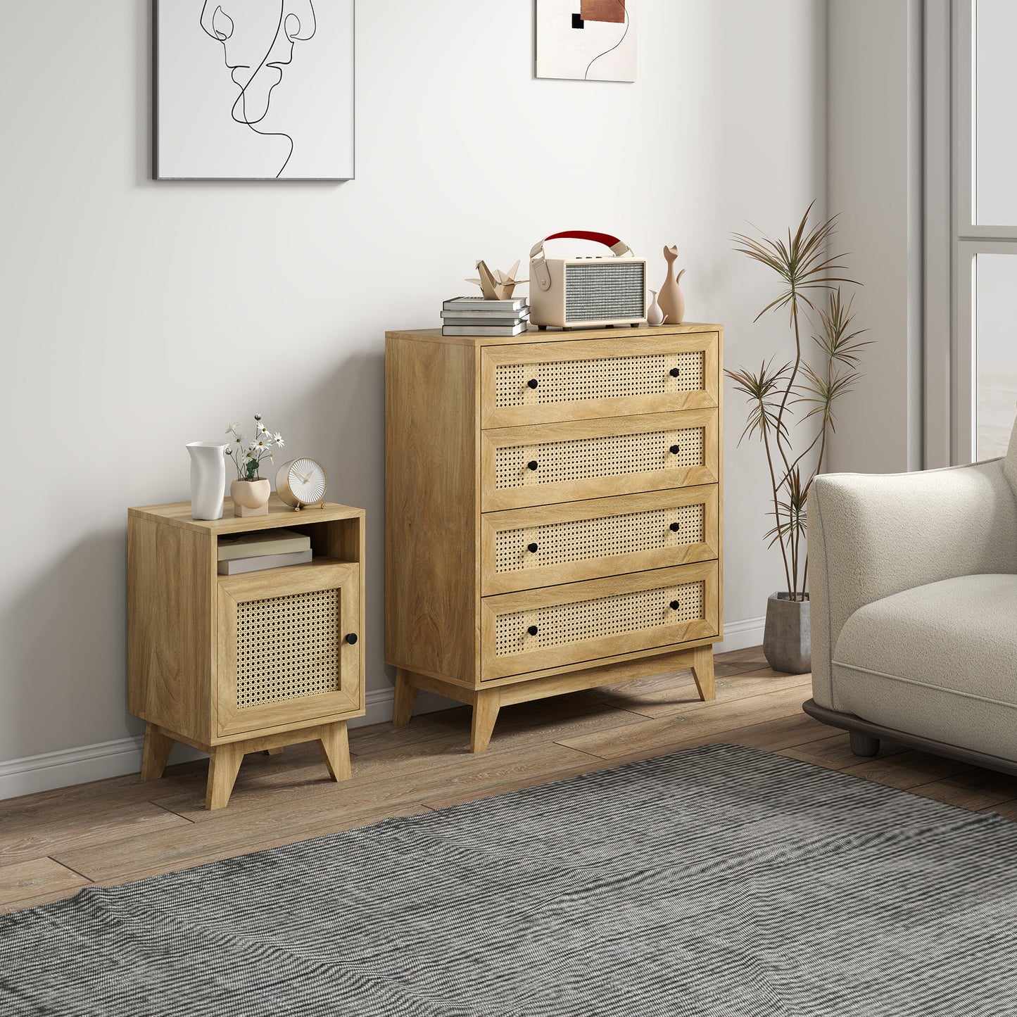 HOMCOM Chest Of Drawers With Four Rattan Drawers And Bedside Table With Door Natural Finish