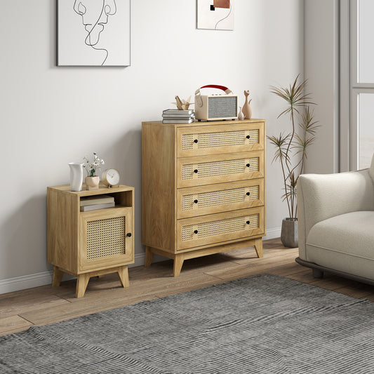 HOMCOM Chest Of Drawers With Four Rattan Drawers And Bedside Table With Door Natural Finish