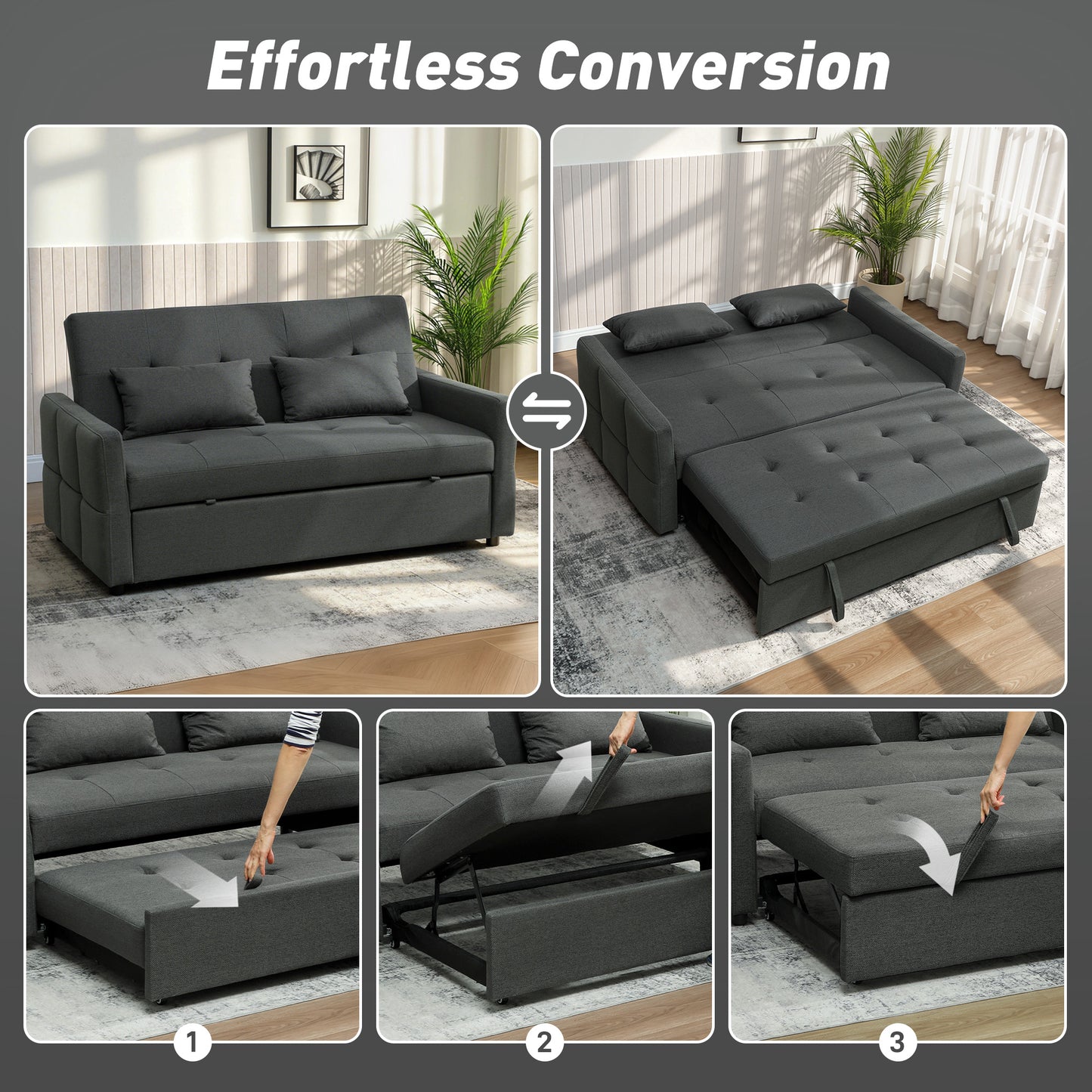 HOMCOM Three Way Two Seater Sofa Bed In Charcoal Grey With Linen Look Upholstery And High Density Foam
