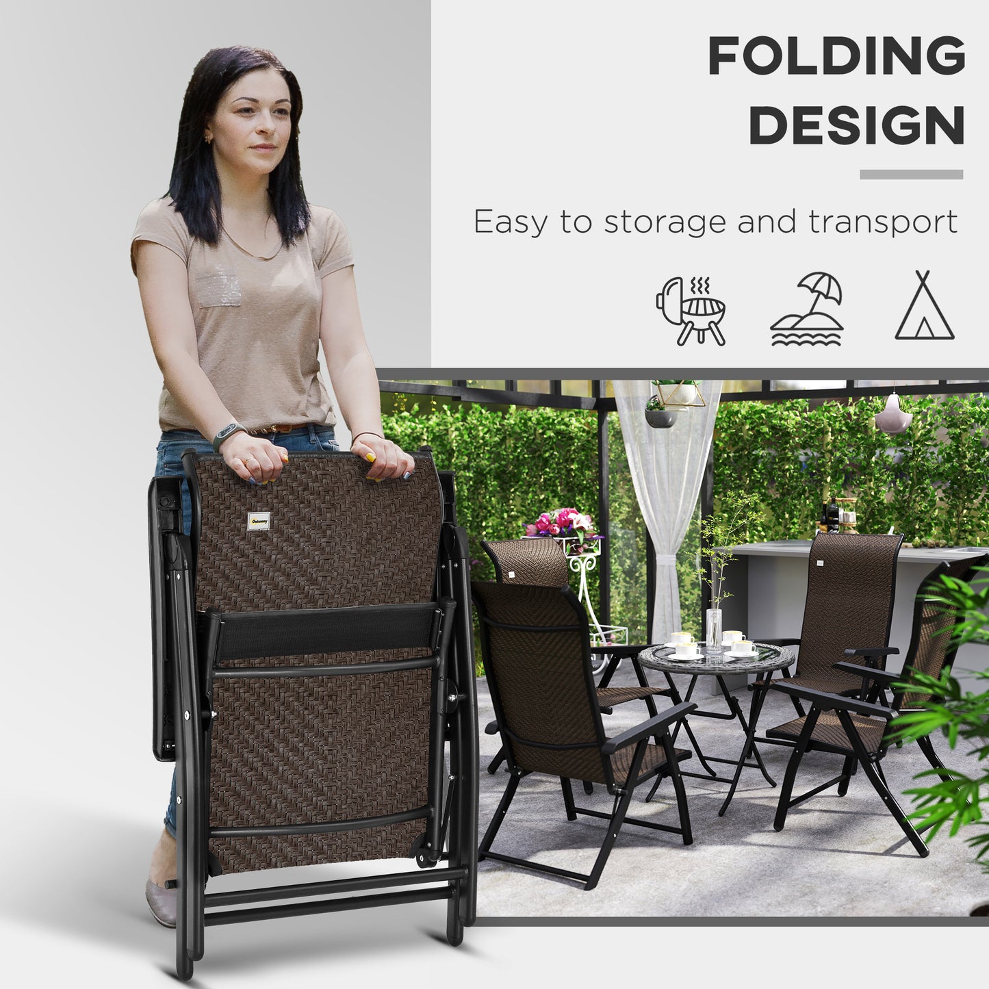 Outsunny Four Folding Garden Chairs With Seven-Position Adjustable Backs Dark Brown