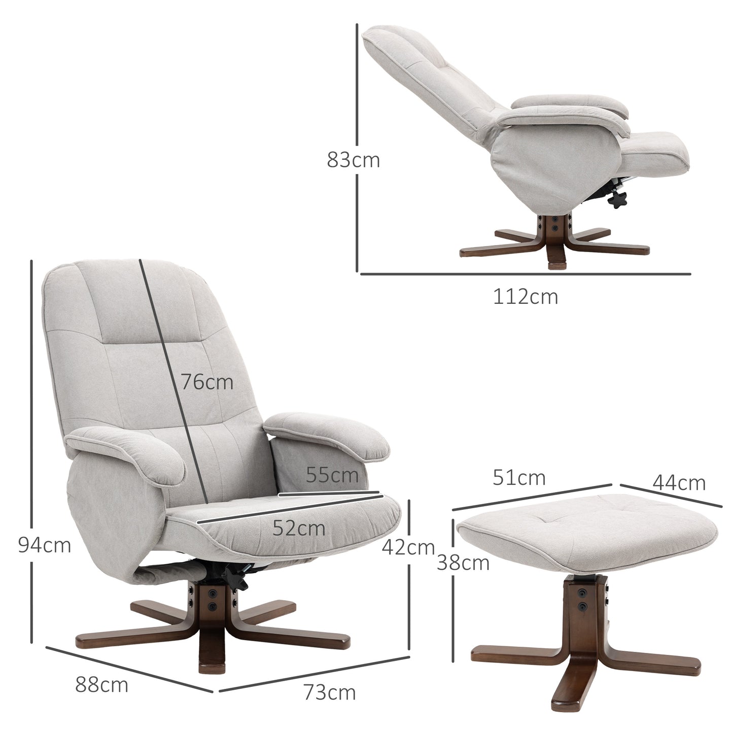 HOMCOM Linen Swivel Recliner Chair With Footstool Ottoman For Living Room Light Grey