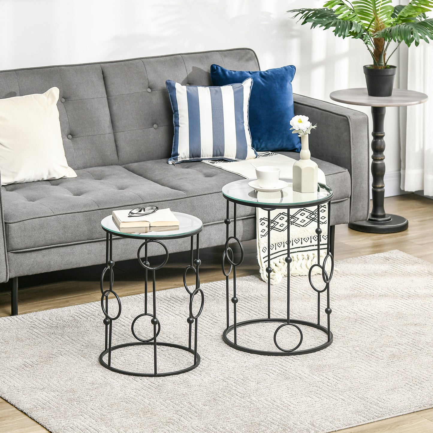 HOMCOM Nesting Round Coffee Tables Set Of 2 Black With Metal Hoop Frame And Tempered Glass Tops