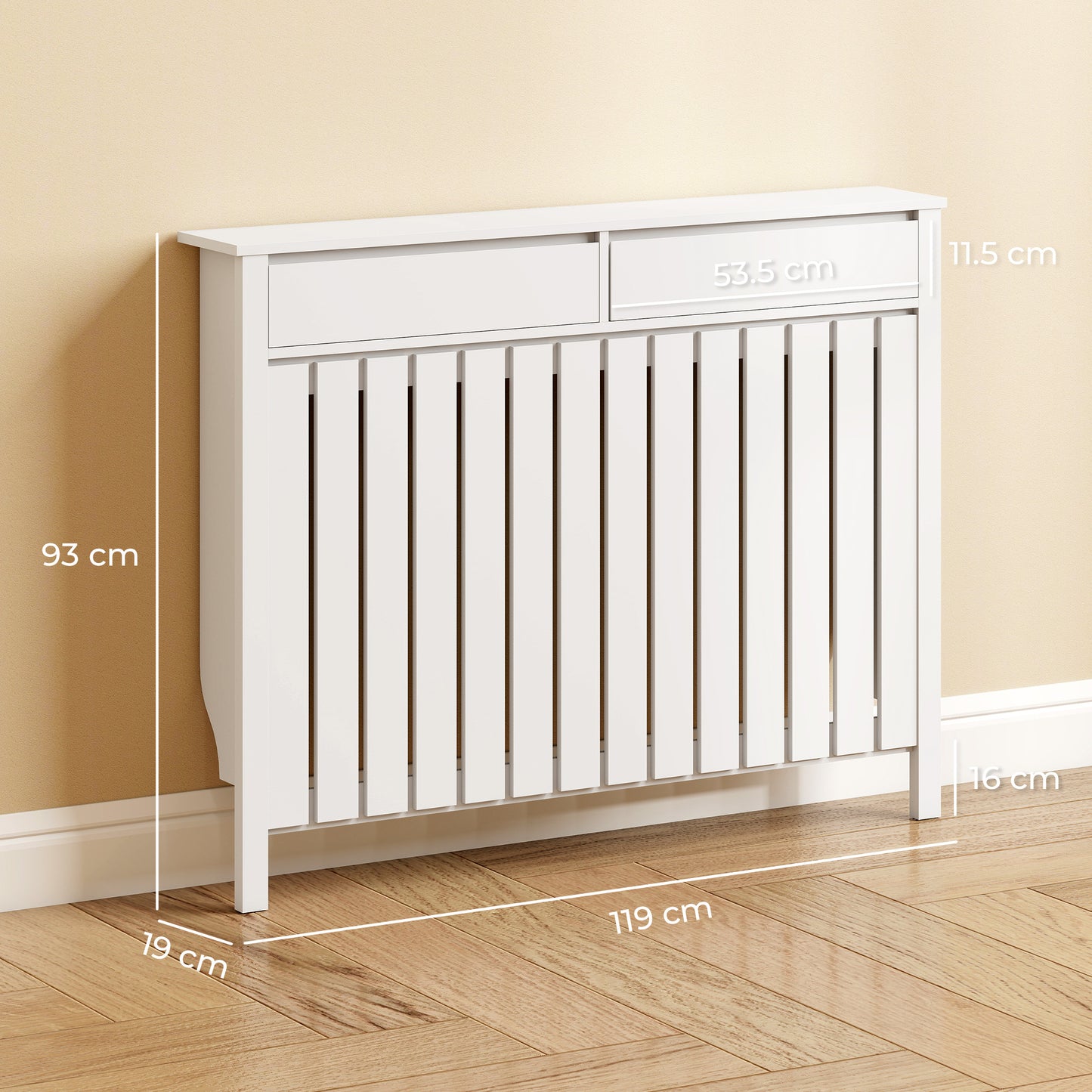 HOMCOM 93 By 119 Cm Rustic Look White Radiator Cover With MDF Construction And Vertical Slats For Safe Heat Flow