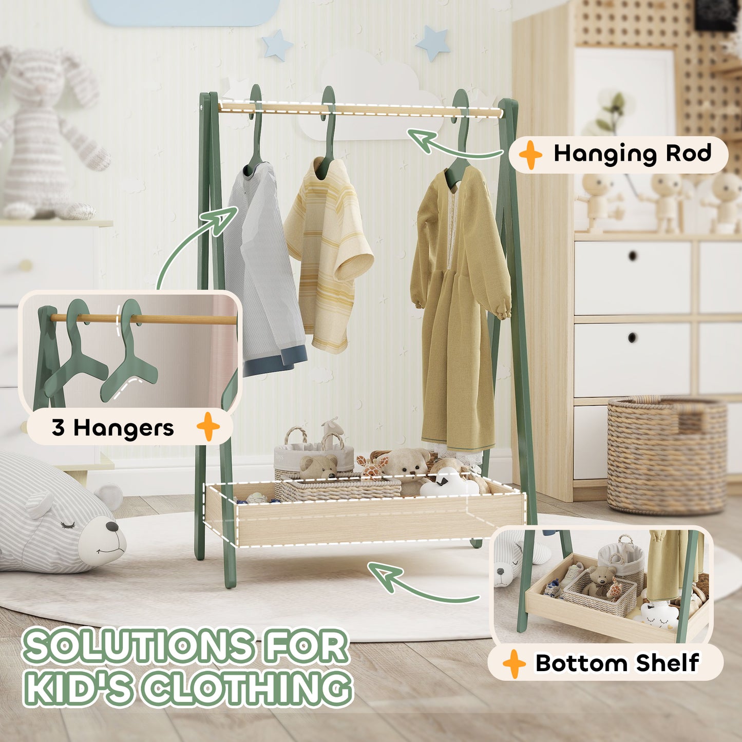 AIYAPLAY Kids Clothes Rail With Three Hangers And Bottom Storage Shelf For Girls And Boys Nursery Bedroom Green