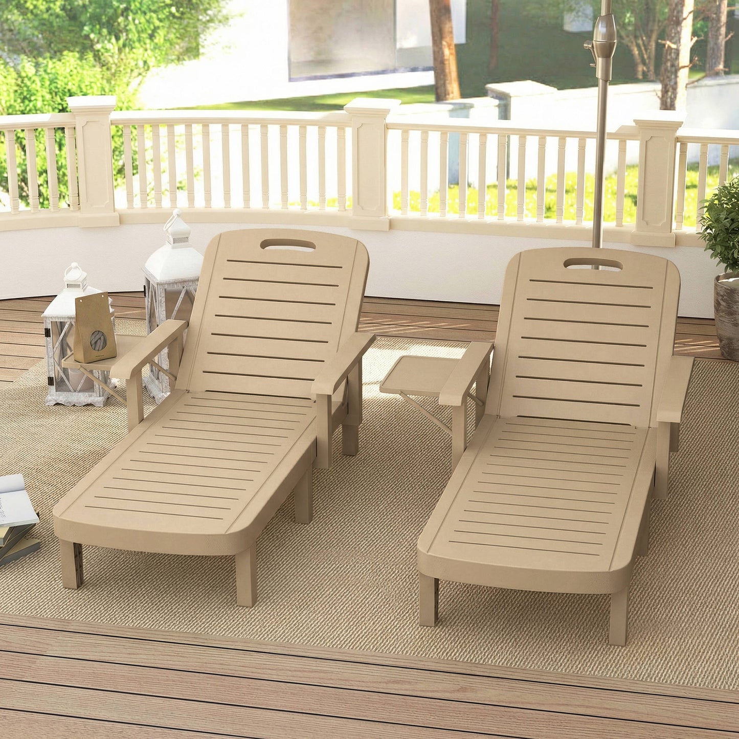 Outsunny Set Of 2 Reclining Sun Loungers 5 Position Adjustable Outdoor Chaise Lounge Chair With Armrests Khaki