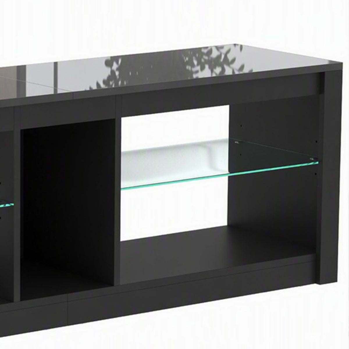 Dark gray TV stand interior view with glowing blue LED light strip