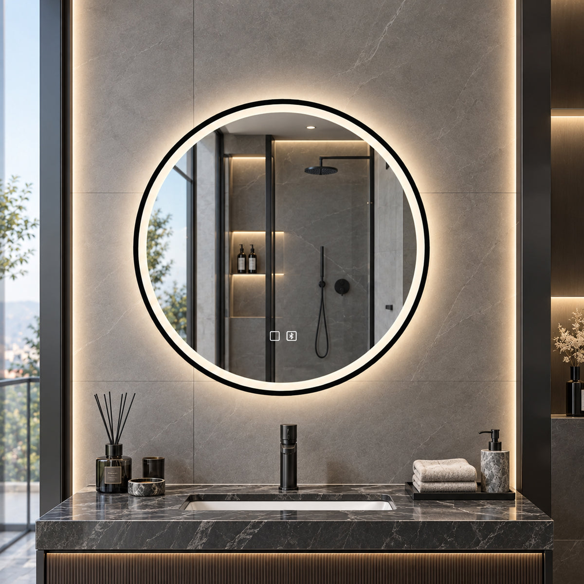 Round LED bathroom mirror with black rim and glowing white light border