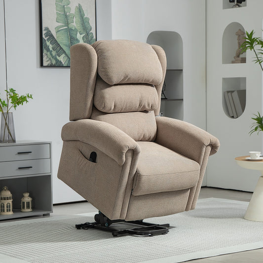 HOMCOM Velvet Feel Electric Riser Recliner Chair Khaki With Power Lift And Easy Access Button