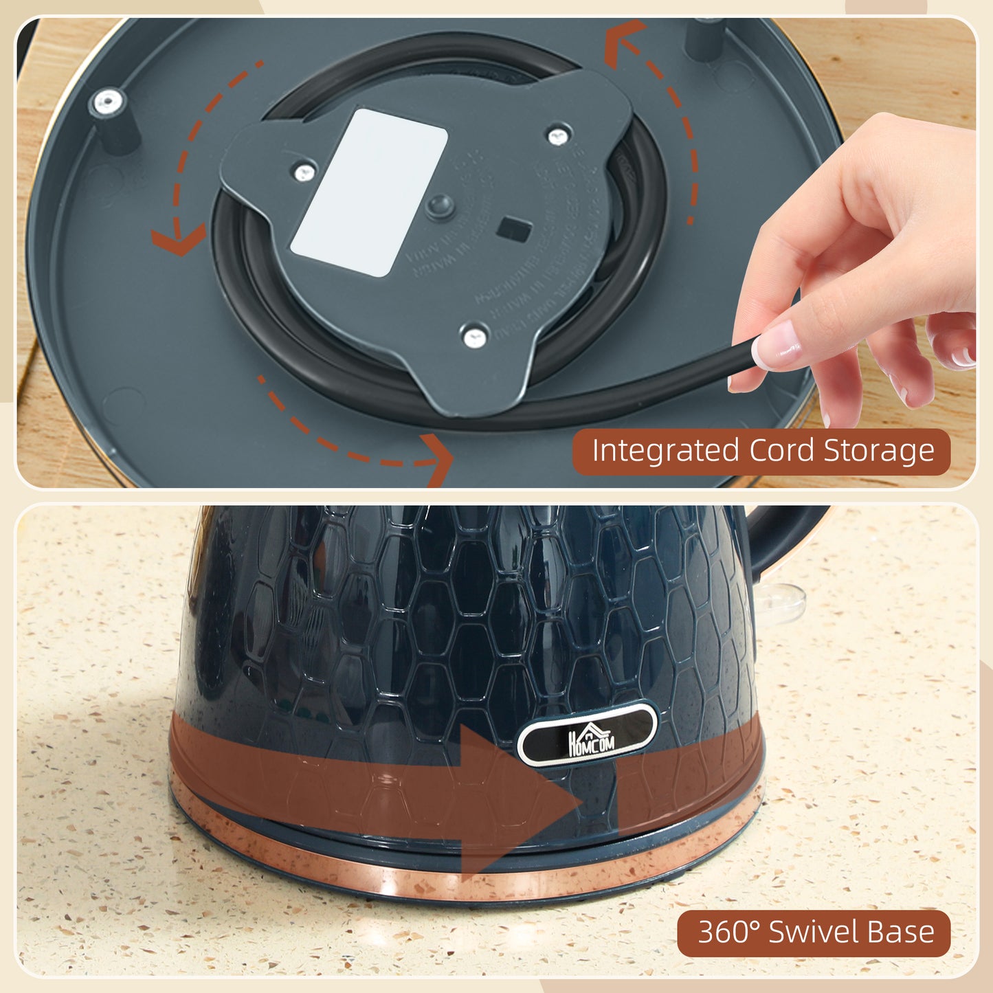 HOMCOM 3000W Rapid Boil Kettle With Honeycomb Design Dark Blue Auto Shut Off Boil Dry Protection For Tea And Coffee
