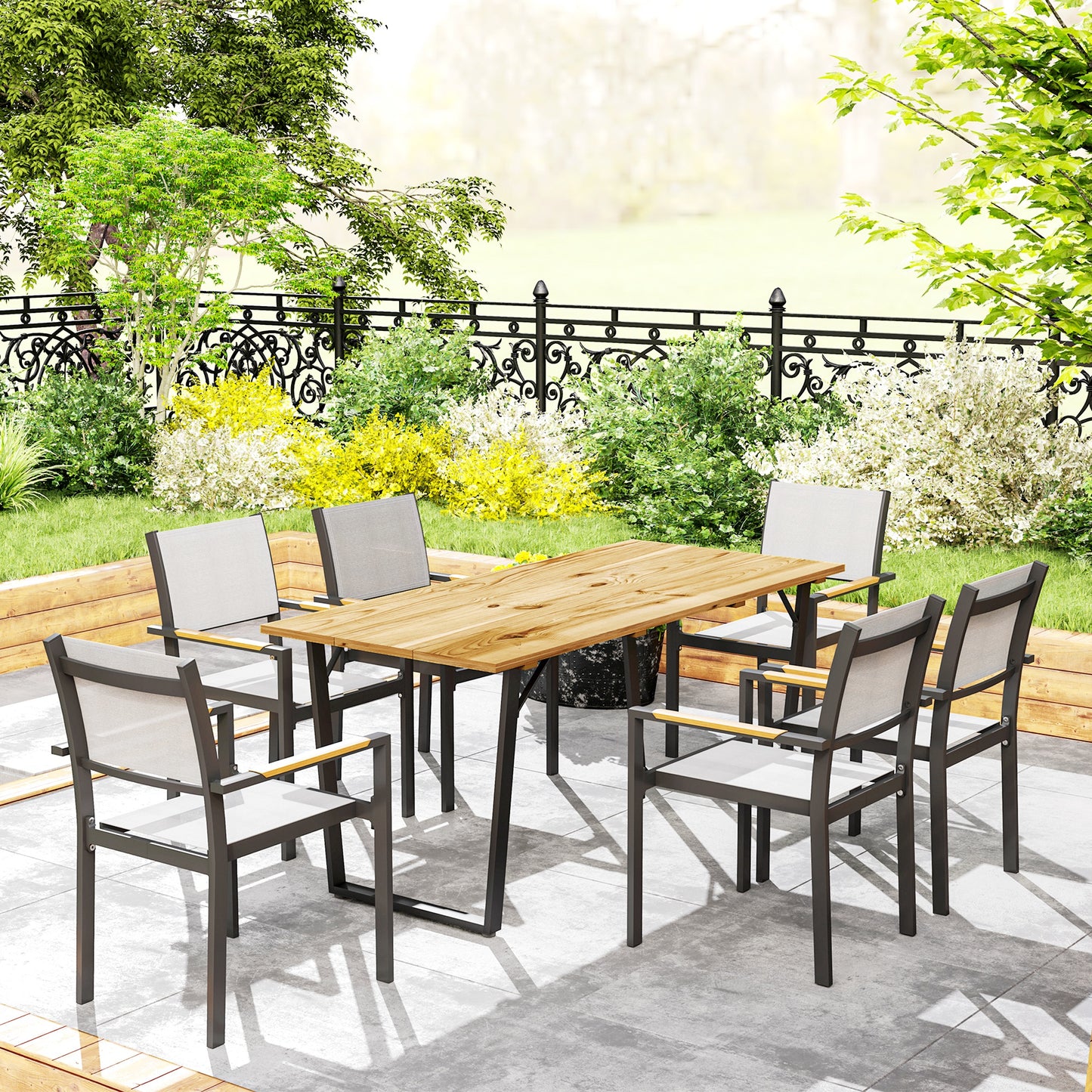 Outsunny 6 Seater Wooden Garden Dining Table 175x80 cm Outdoor Table With 5 cm Parasol Hole Slatted Top Brown