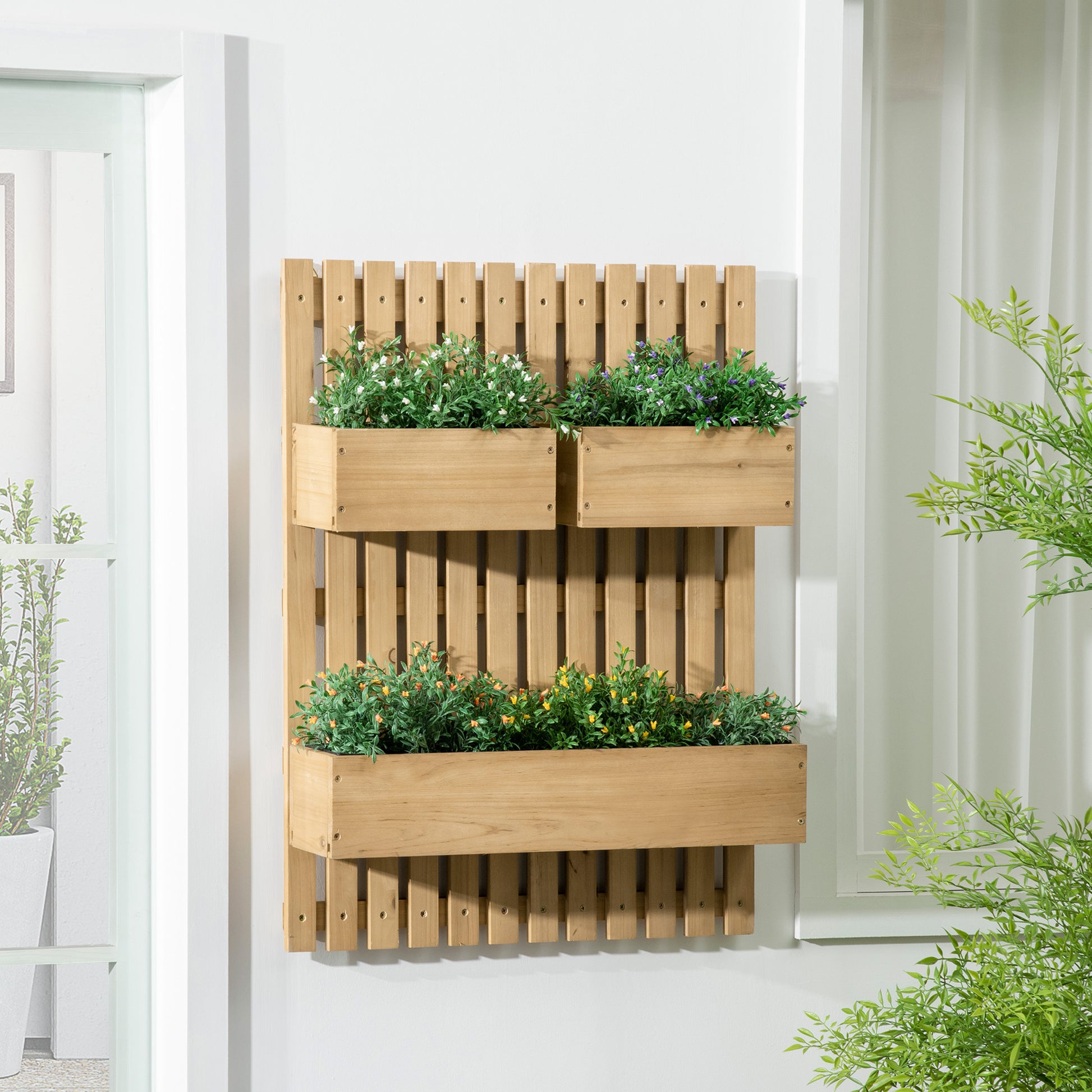 Outsunny Wooden Wall-Mounted Planter with Trellis and Movable Boxes - Outdoor Garden Bed for Patios, Natural Finish - ALL4U RETAILER LTD