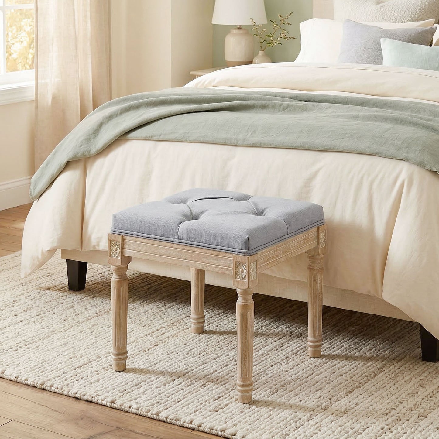 HOMCOM Vintage Foot Stool With Tufted Square Seat And Wood Legs In Light Grey Soft Cushioned Comfort