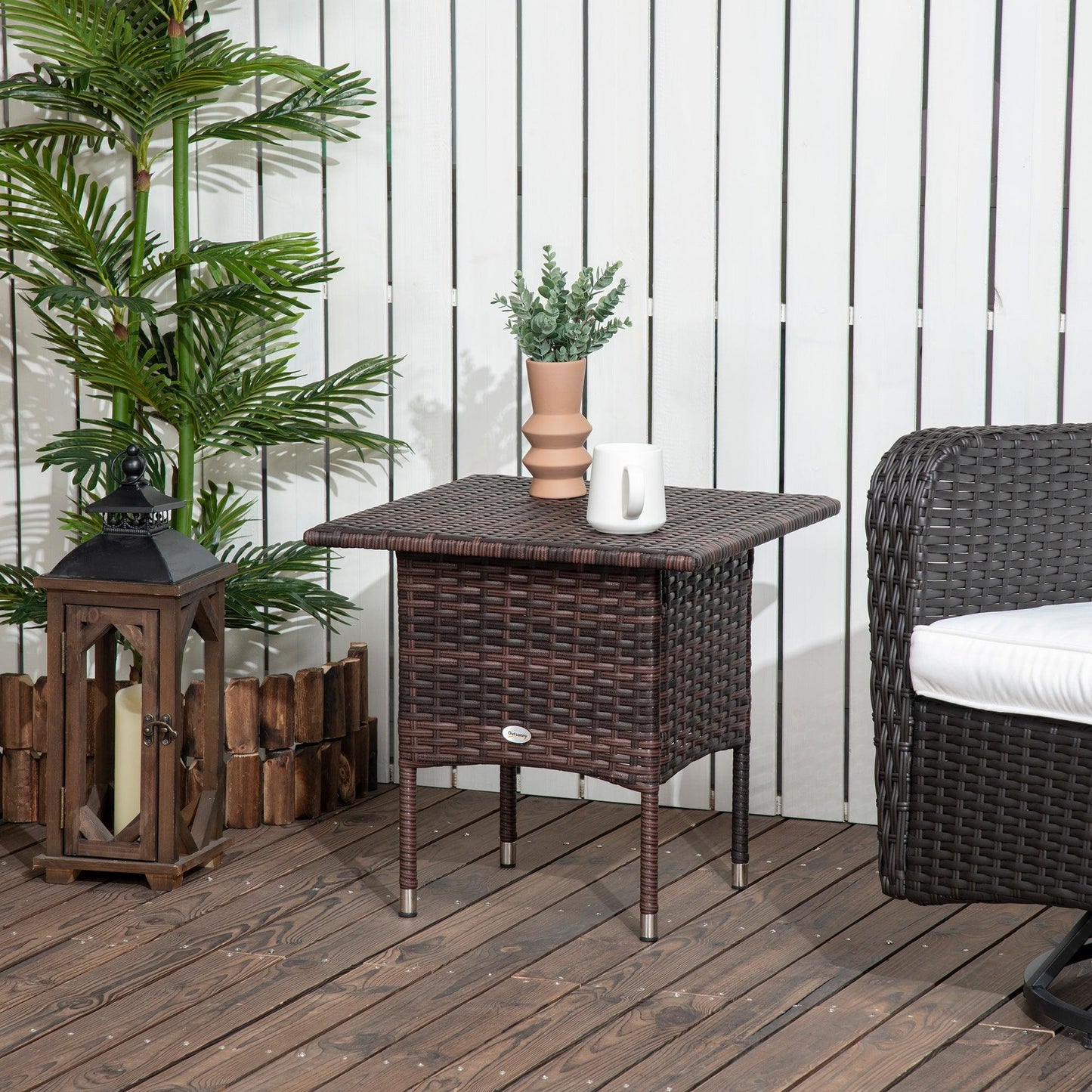 Outsunny Outdoor Rattan Side Table Coffee Table with Plastic Board, Full Woven Table Top for Patio, Garden, Balcony, Mixed Brown - ALL4U RETAILER LTD