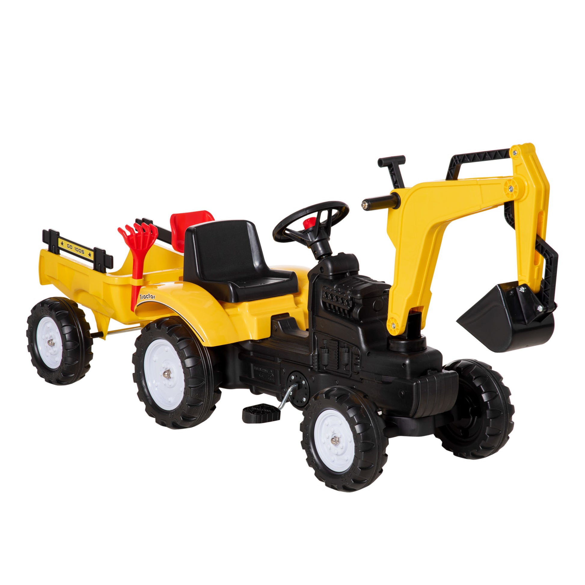 AIYAPLAY Kids Construction-Themed Ride-On Pedal Digger with Horn and Removable Trailer in Yellow - ALL4U RETAILER LTD