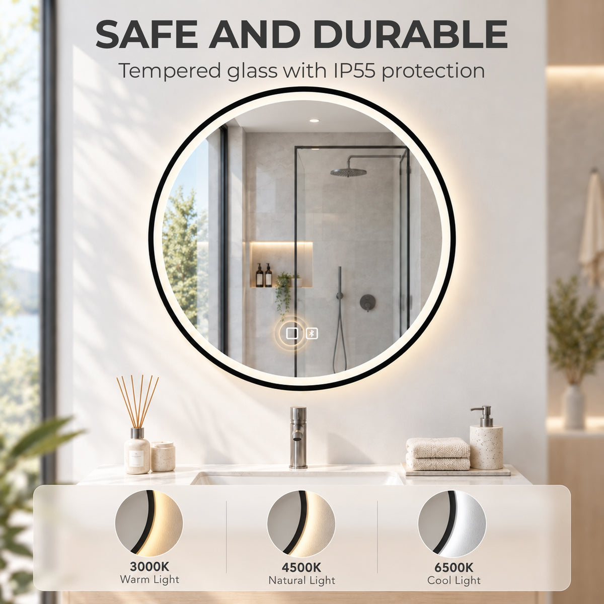 Round LED bathroom mirror with three color light settings display