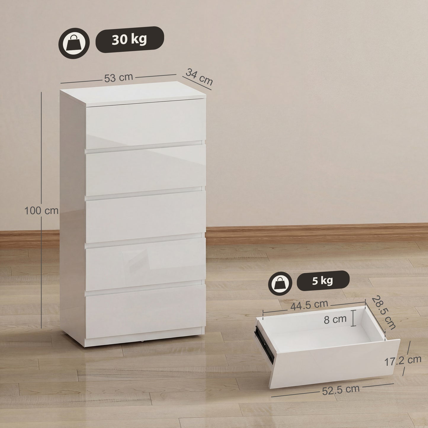 HOMCOM Five Drawer Chest of Drawers Modern Dresser Storage Cabinet for Bedroom Organization