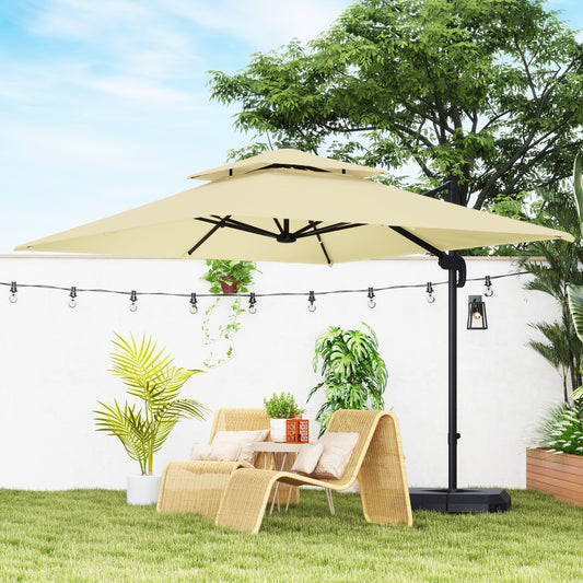 Outsunny 2.7m Cantilever Parasol Aluminium Frame Crank Tilt 360 Rotation Garden Umbrella With Base And Cover Khaki