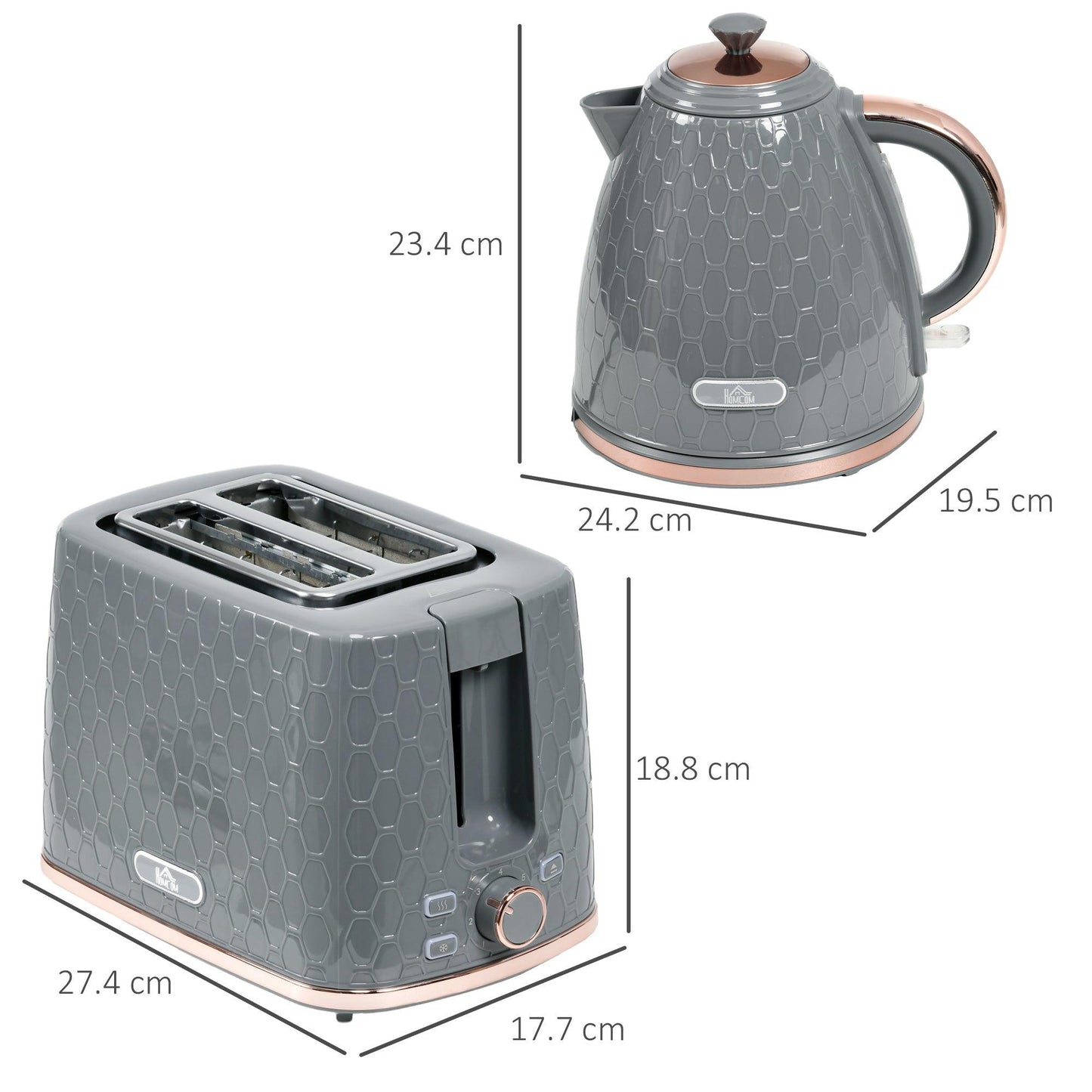 HOMCOM 1.7L 3000W Fast Boil Kettle & 2 Slice Toaster Set, Kettle and Toaster Set with Auto Shut Off, Browning Controls, Grey - ALL4U RETAILER LTD