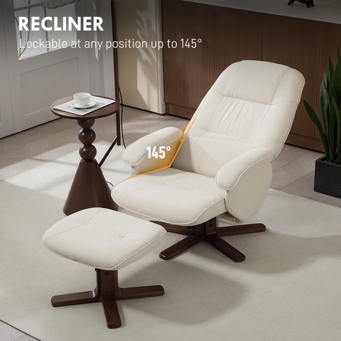 HOMCOM Linen Swivel Recliner Chair With Footstool Upholstered Armchair With Wooden Base Beige
