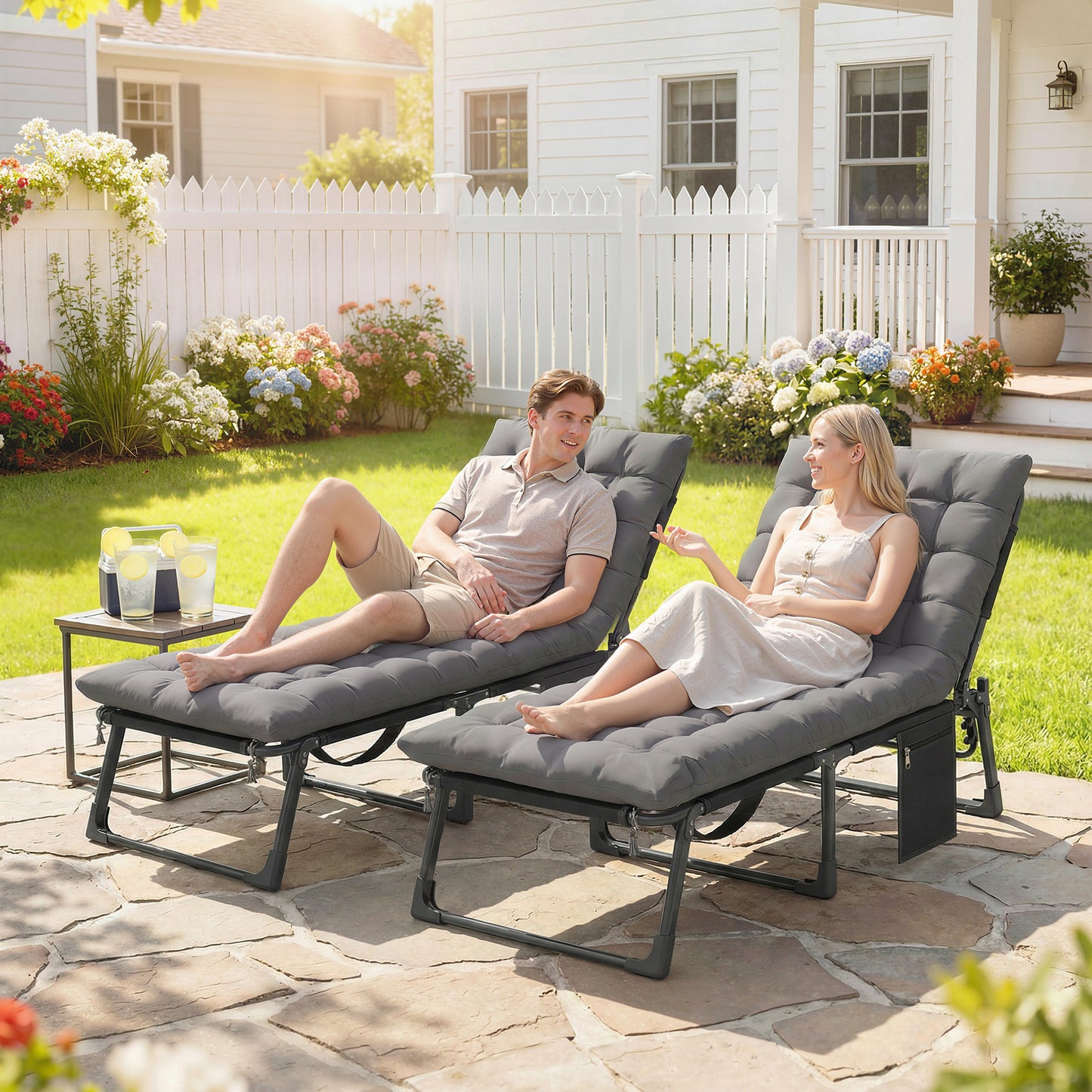 Outsunny Folding Sun Loungers Set Of 2 For Garden 5 Position Oversized Camping Bed Recliner With Cushions Dark Grey