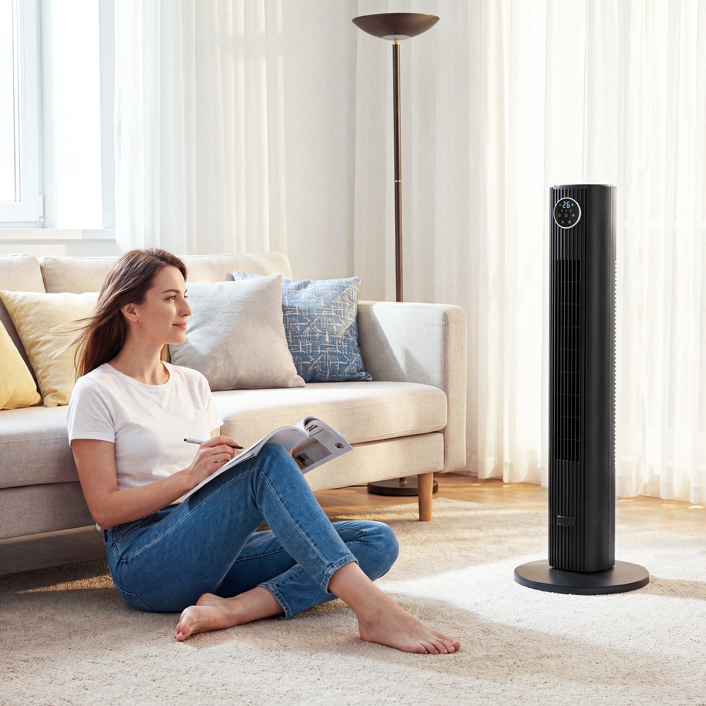 HOMCOM 36 Inch Tower Fan Quiet 28 Db 80 Degree Oscillation 12 Speeds 4 Modes Remote Control 12 Hour Timer Black