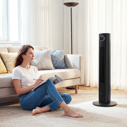HOMCOM 36 Inch Tower Fan Quiet 28 Db 80 Degree Oscillation 12 Speeds 4 Modes Remote Control 12 Hour Timer Black