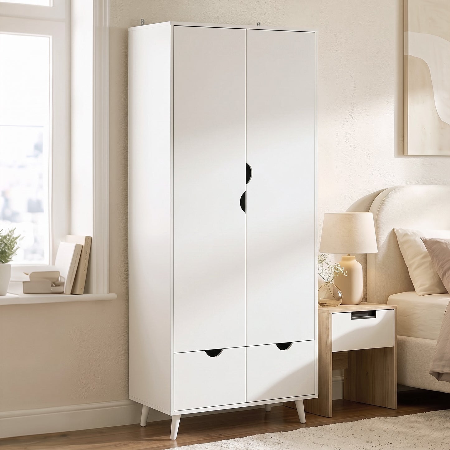 HOMCOM White 2 Door Wardrobe With 2 Drawers Hanging Rail And Shelves Wooden Feet