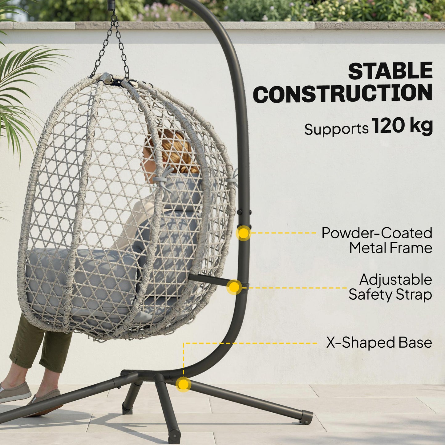 Outsunny Hanging Egg Chair With Stand Indoor Outdoor Rattan Hammock Swing Chair Safety Strap Foldable Basket Light Grey
