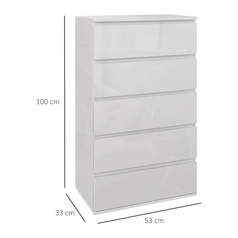 HOMCOM High Gloss 5-Drawer Chest of Drawers: Modern Dresser and Storage Unit for Bedroom Organization - ALL4U RETAILER LTD