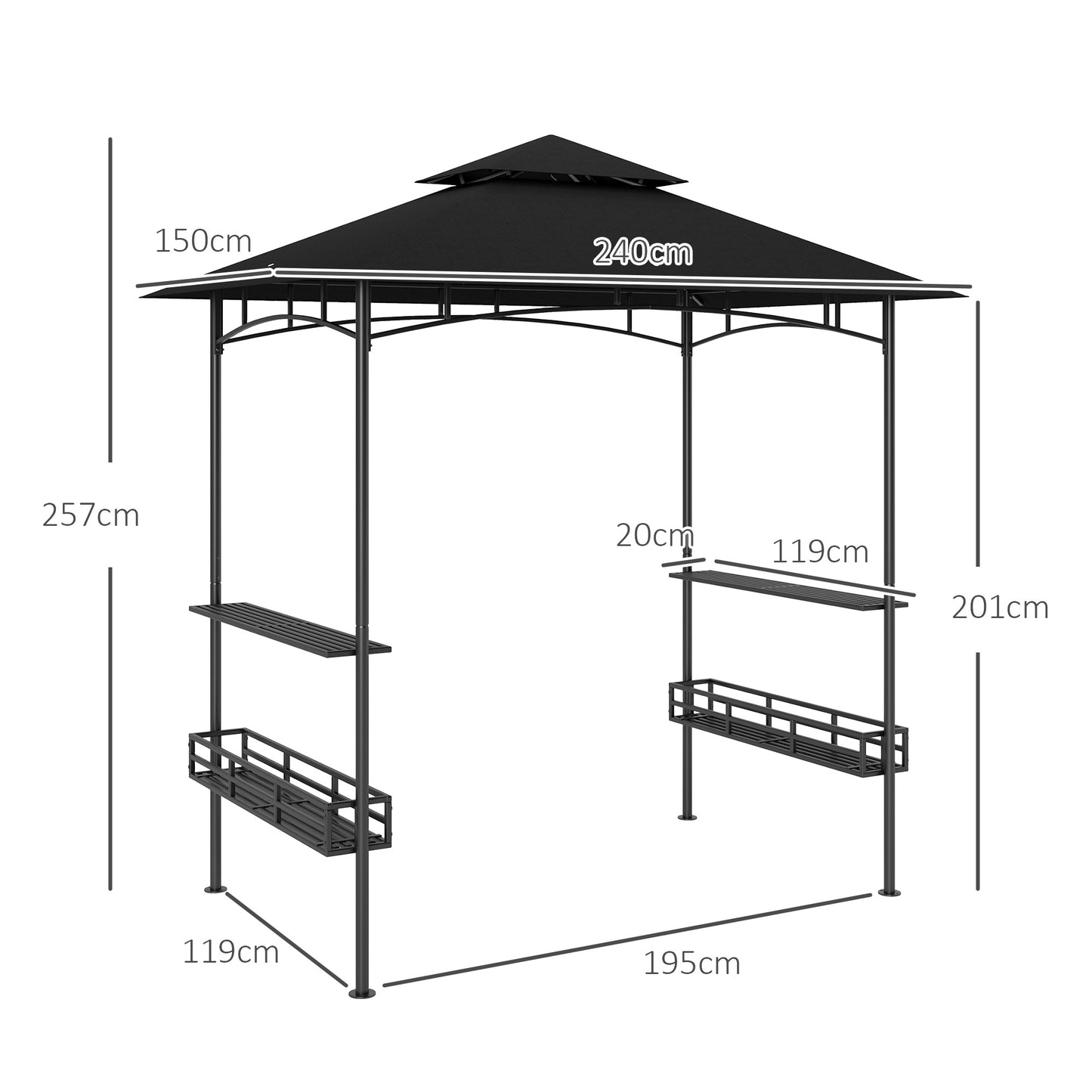 Outsunny 150 by 240 cm BBQ Grill Gazebo With Shelves Grey Outdoor Cooking Shelter for Garden Patio Party