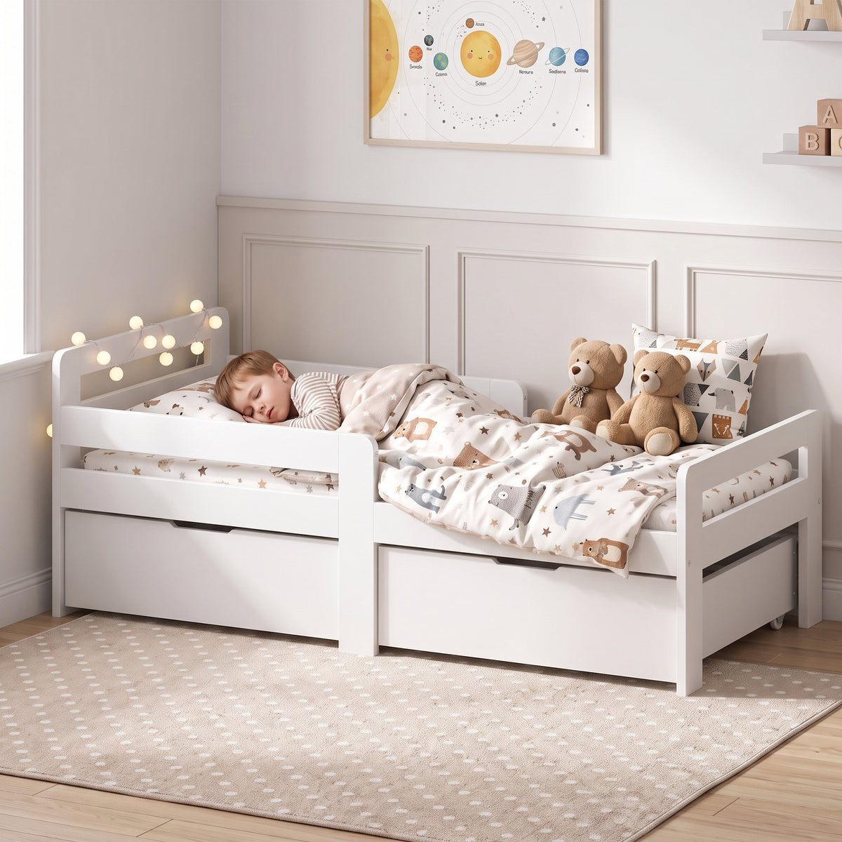 White kids bed frame with guard rails and two underbed storage drawers, shown made