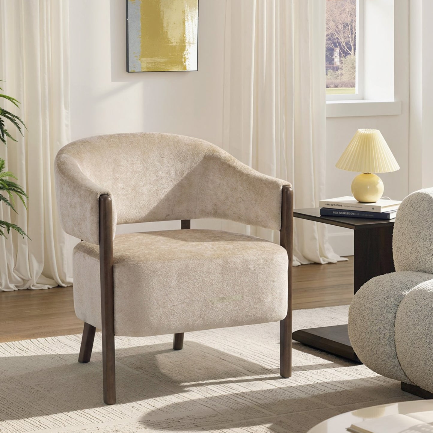 HOMCOM Chenille Upholstered Accent Chair With Wide Seat And Solid Wood Frame Beige Living Room Tub Chair Armchair