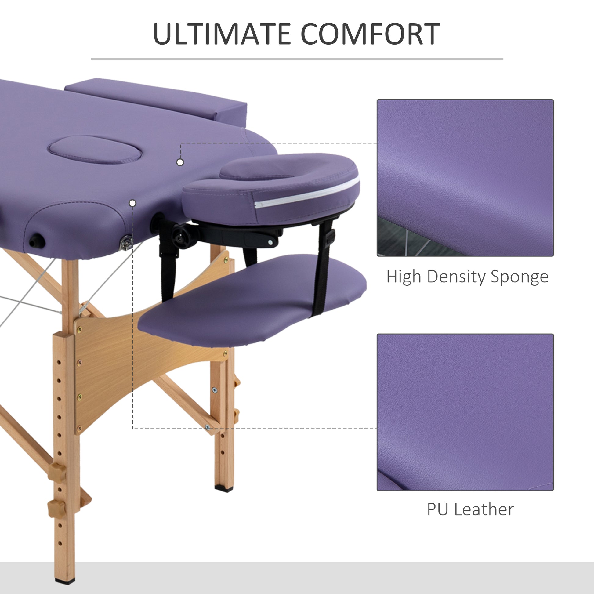 HOMCOM Adjustable Folding Massage Table with Carry Bag, 2-Section Spa Bed, Wooden Frame, Purple - ALL4U RETAILER LTD