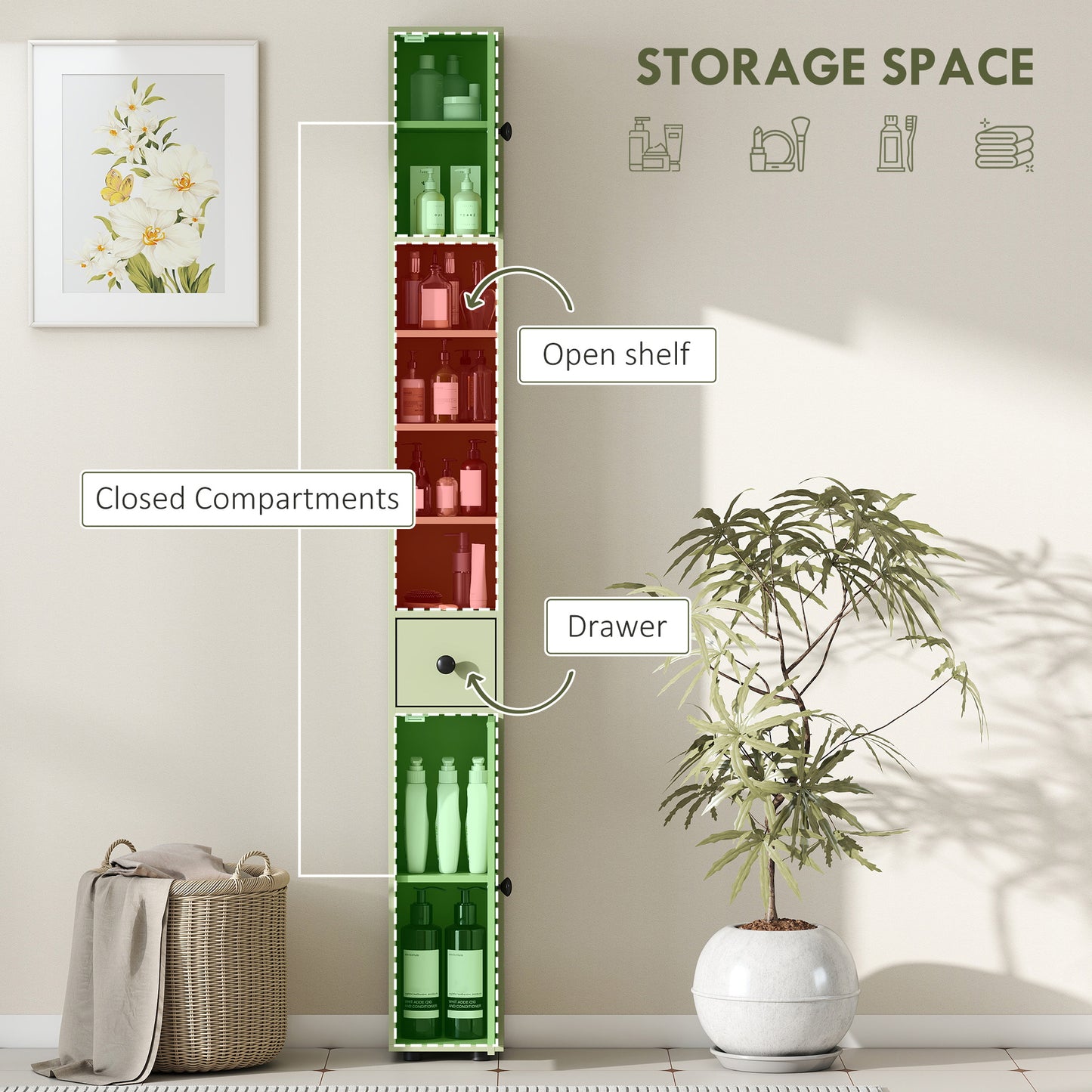 Kleankin 180cm Slim Bathroom Cabinet With Drawer Shelves And Cupboards For Tall Narrow Storage Green