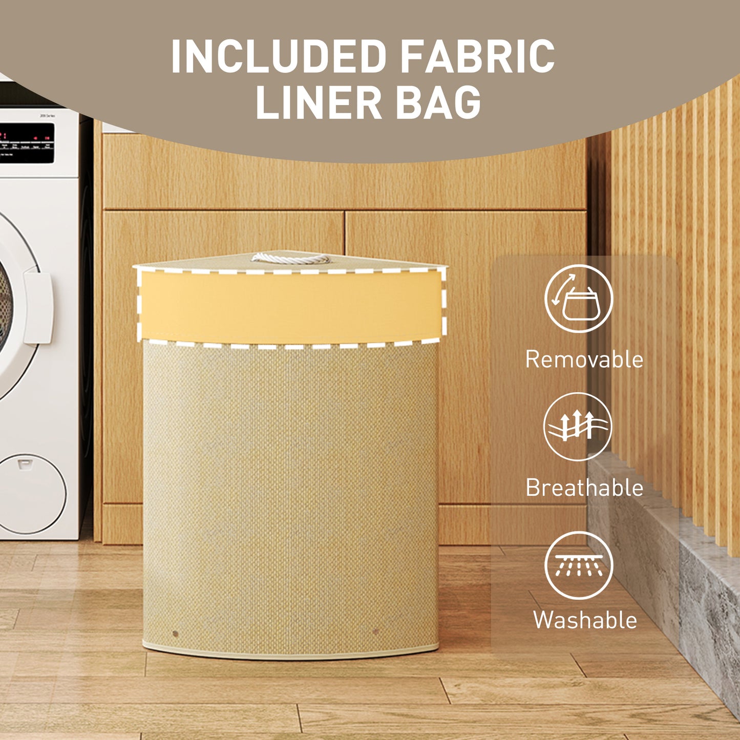 HOMCOM Bamboo Laundry Basket With Lid 55L Corner Hamper Removable Washable Liner Bag Triangle Basket Nature Wood Finish