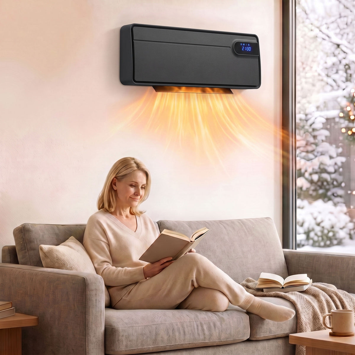 Wall-mounted ceramic heater with black frame, wall controls and visible heat glow
