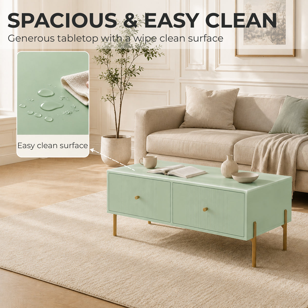HOMCOM Modern Coffee Table with Storage, 2 Drawers, Light Green Finish