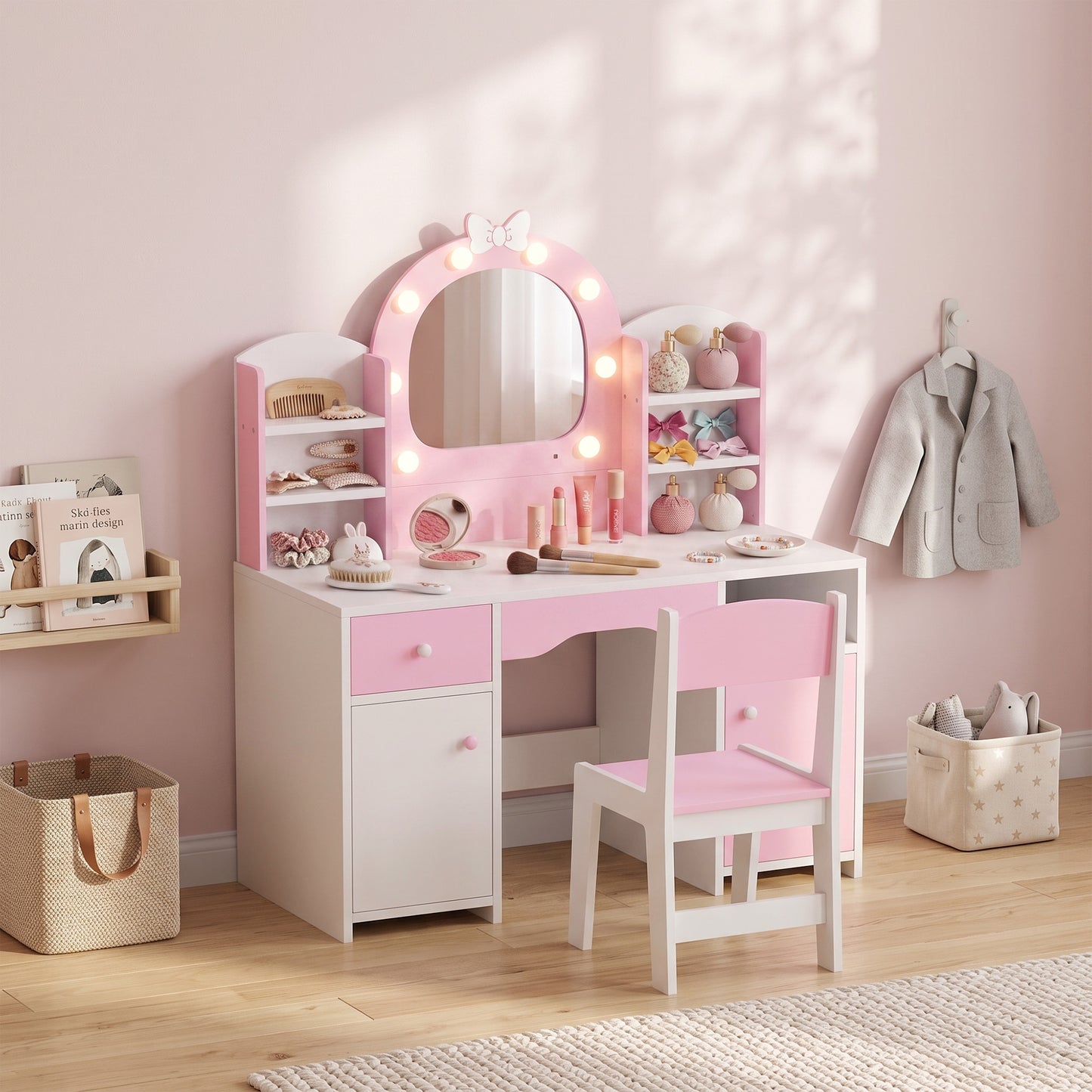 AIYAPLAY Kids Vanity Set Pink With Lighted Mirror And Storage Stool