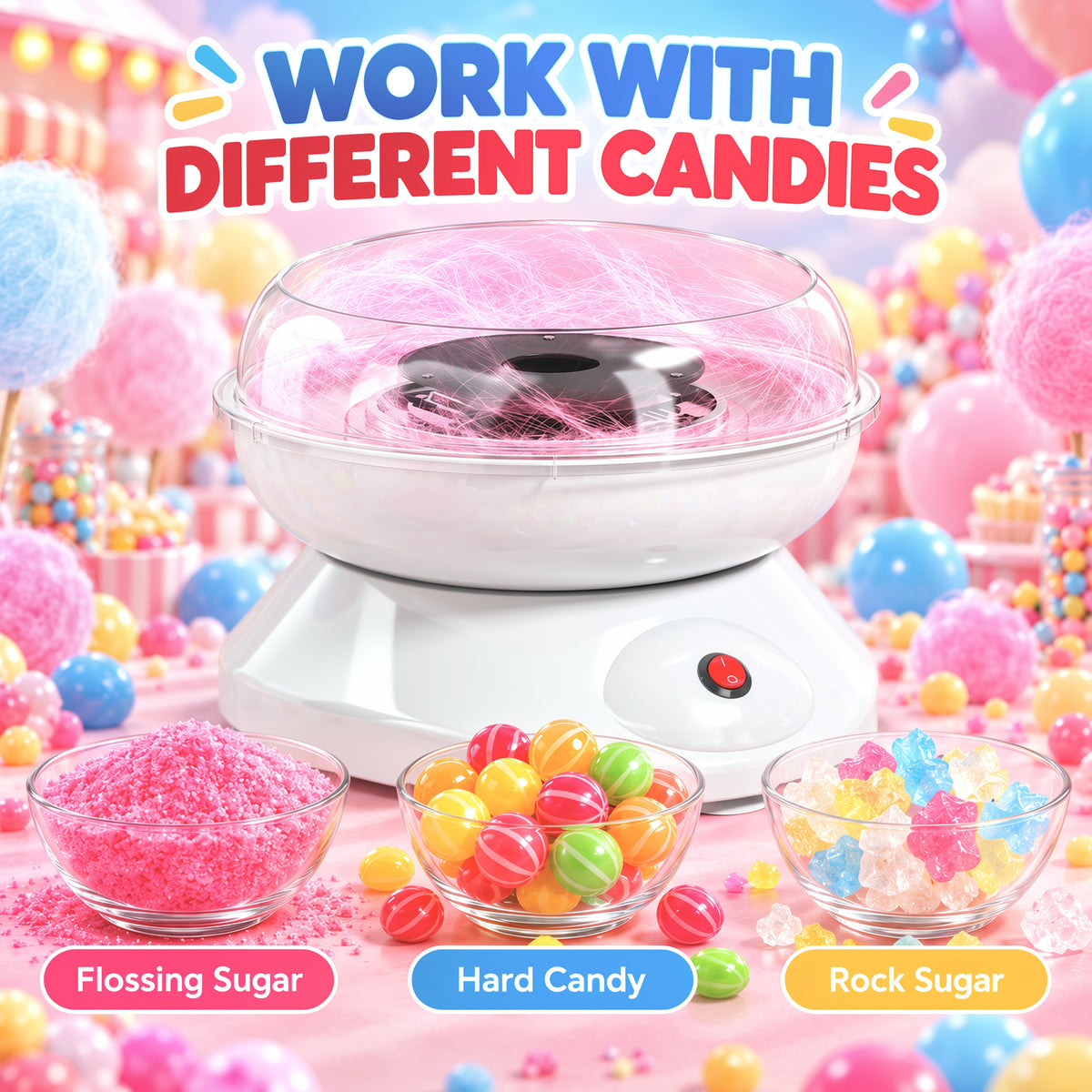 Electric cotton candy maker with clear bowl and bowls of colorful candy