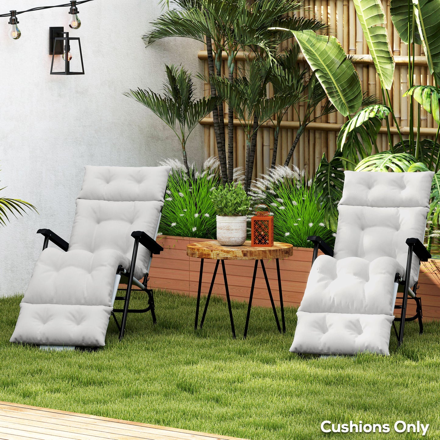 Outsunny Set Of Two 190 X 56 Cm Sun Lounger Cushions Light Grey With PP Foam Fill And Tie Fasteners
