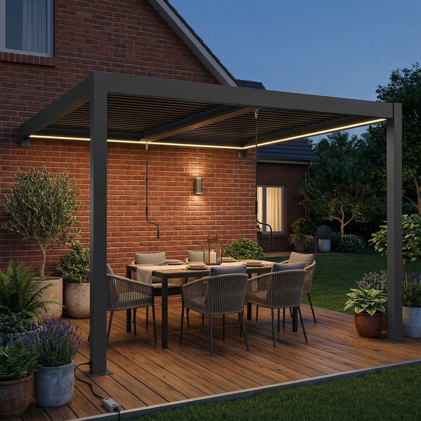 Outsunny 3 By 3 M Louvered Pergola With LED Lights Wall Mounted Aluminium Patio Gazebo Dark Grey
